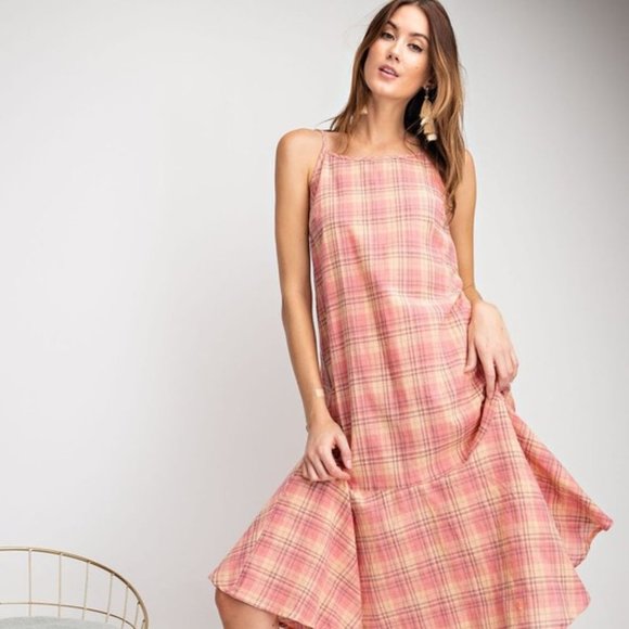easel Dresses New Easel Coral River Plaid Hi Low Midi Dress Poshmark